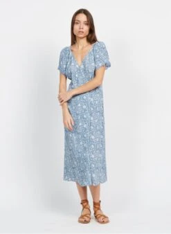 ONE STEP Halflange Jurk Met V-hals En Bloemenprint | Blauw