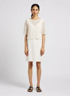 MAISON 123 GABRIELLE - Korte Jurk Met Ronde Hals En Kant | Wit