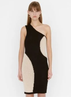 ZAPA ROMANA - Korte One-shoulderjurk Met Print | Zwart