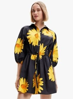 Desigual Korte, Katoenen Jurk Met Print | Zwart