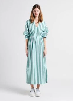 STELLA FOREST GINA - Lange, Katoenen Jurk Met Strepen En V-hals | Groen