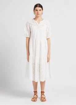 SEE U SOON Halflange, Katoenen Jurk Met V-hals En Ajourmotief | Wit