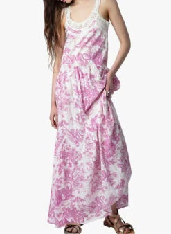 Zadig & Voltaire RECLOUD - Lange, Katoenen Jurk Met Ronde Hals En Print | Roze