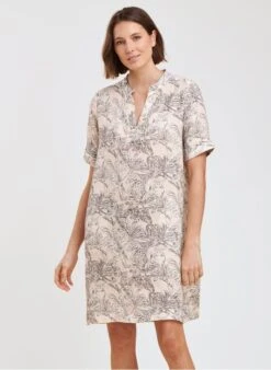 Korte, Linnen Jurk Met Tuniekhals En Print | Beige